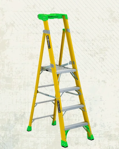 Louisville Ladder Cross Pinnacle dual-position fiberglass leaning platform ladder in HiVis green